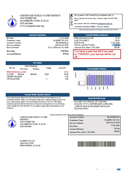 USA Illinois North Park Public Water District IL business utility bill template in Word and PDF formats